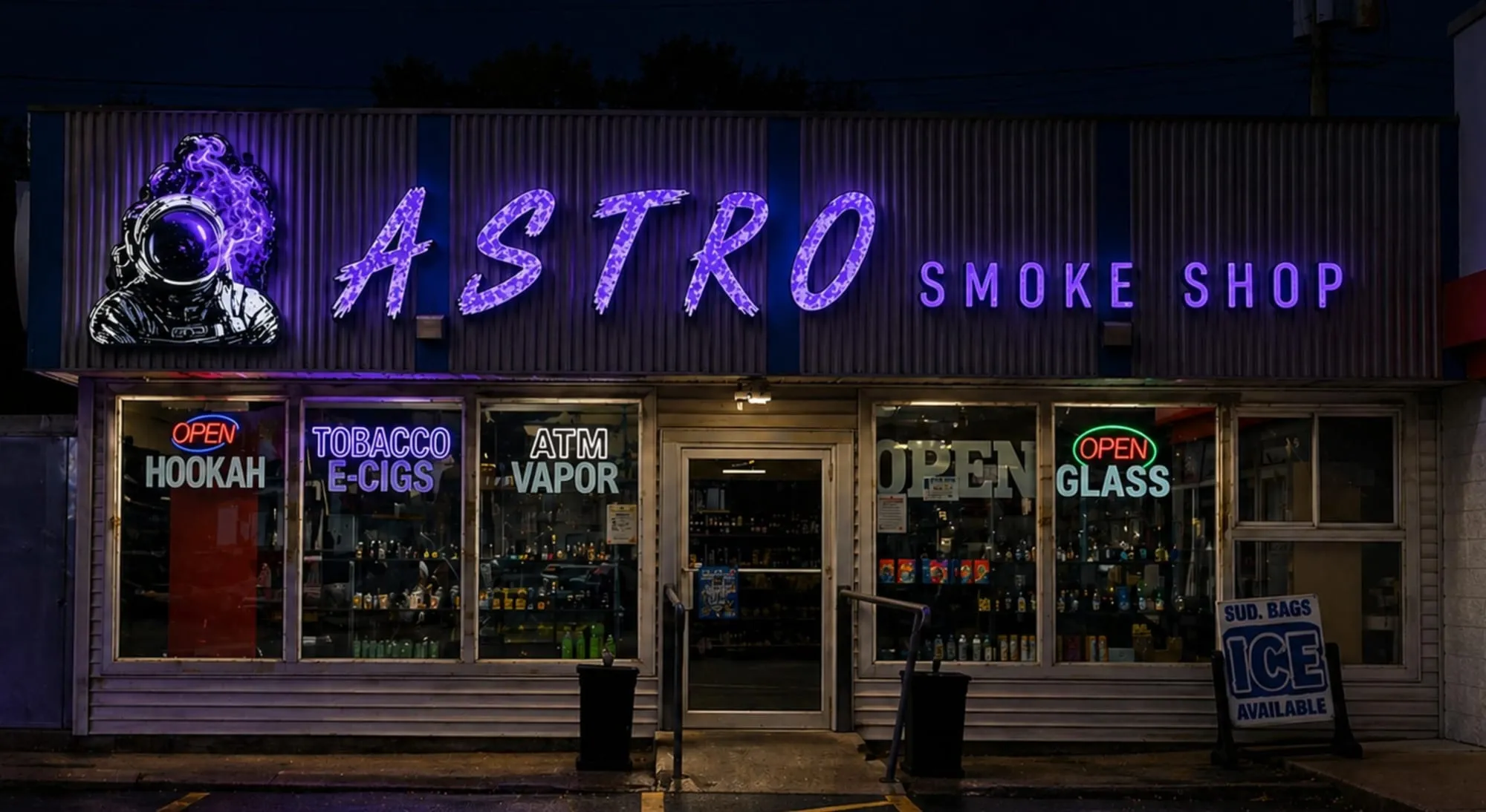 The same storefront at night, with the purple letters and the astronaut glowing and the window lettering lit.