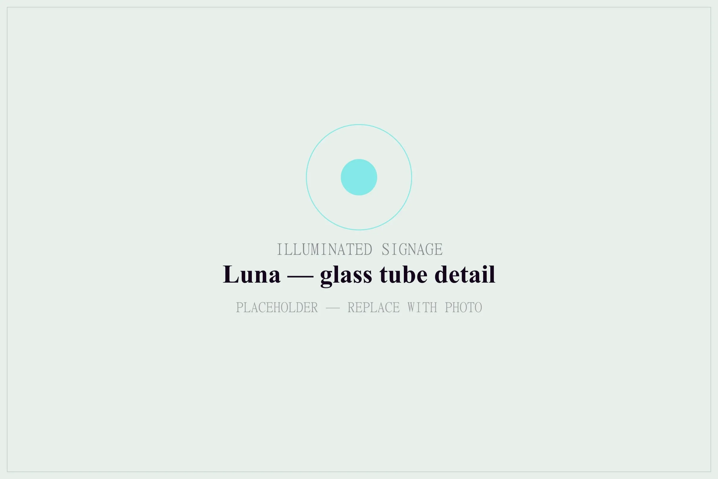 Detail of hand-bent glass neon tube with visible electrode housing and standoffs.